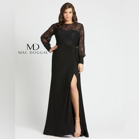 NWOT Mac Duggal | 67143F Black Lace Bodice Long Sleeve Plus Size Gown 14W - Picture 1 of 13